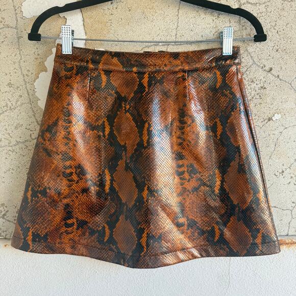 Guess Snake Print Mini Skirt Faux Leather O Ring Zip Brown Black XS Rock & Roll - Picture 3 of 8